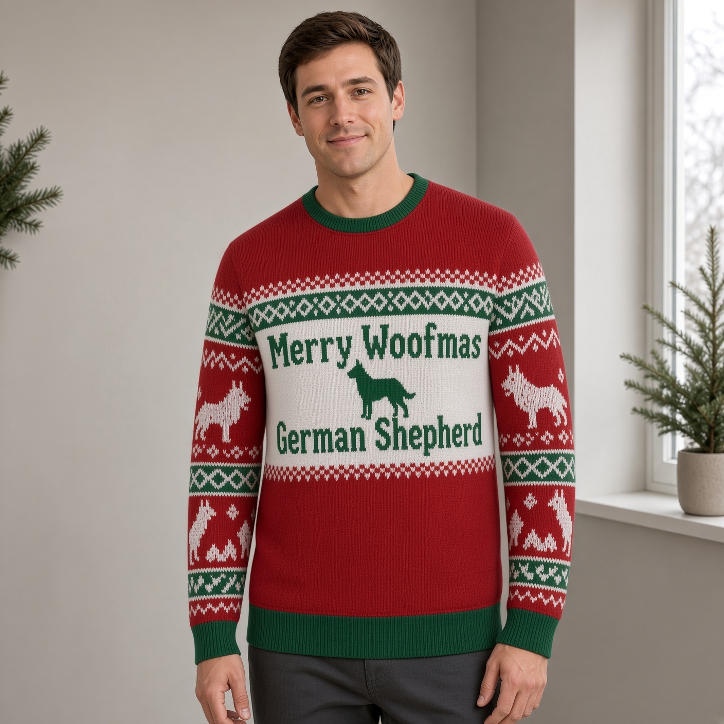 [popular-sweater:PX-05-01:male] Merry Woofmas German Shepherd Ugly Christmas Sweatshirt - Male view