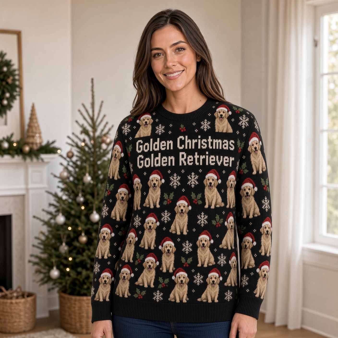[popular-sweater:PX-05-02:female] Golden Christmas Golden Retriever Ugly Christmas Sweatshirt - Female view