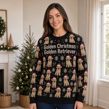 [popular-sweater:PX-05-02:female] Golden Christmas Golden Retriever Ugly Christmas Sweatshirt - Female view