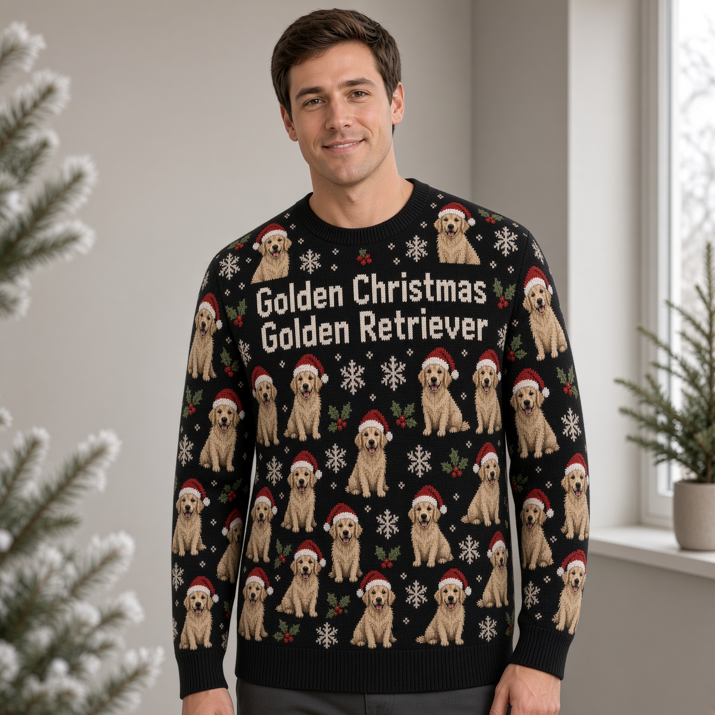 [popular-sweater:PX-05-02:male] Golden Christmas Golden Retriever Ugly Christmas Sweatshirt - Male view