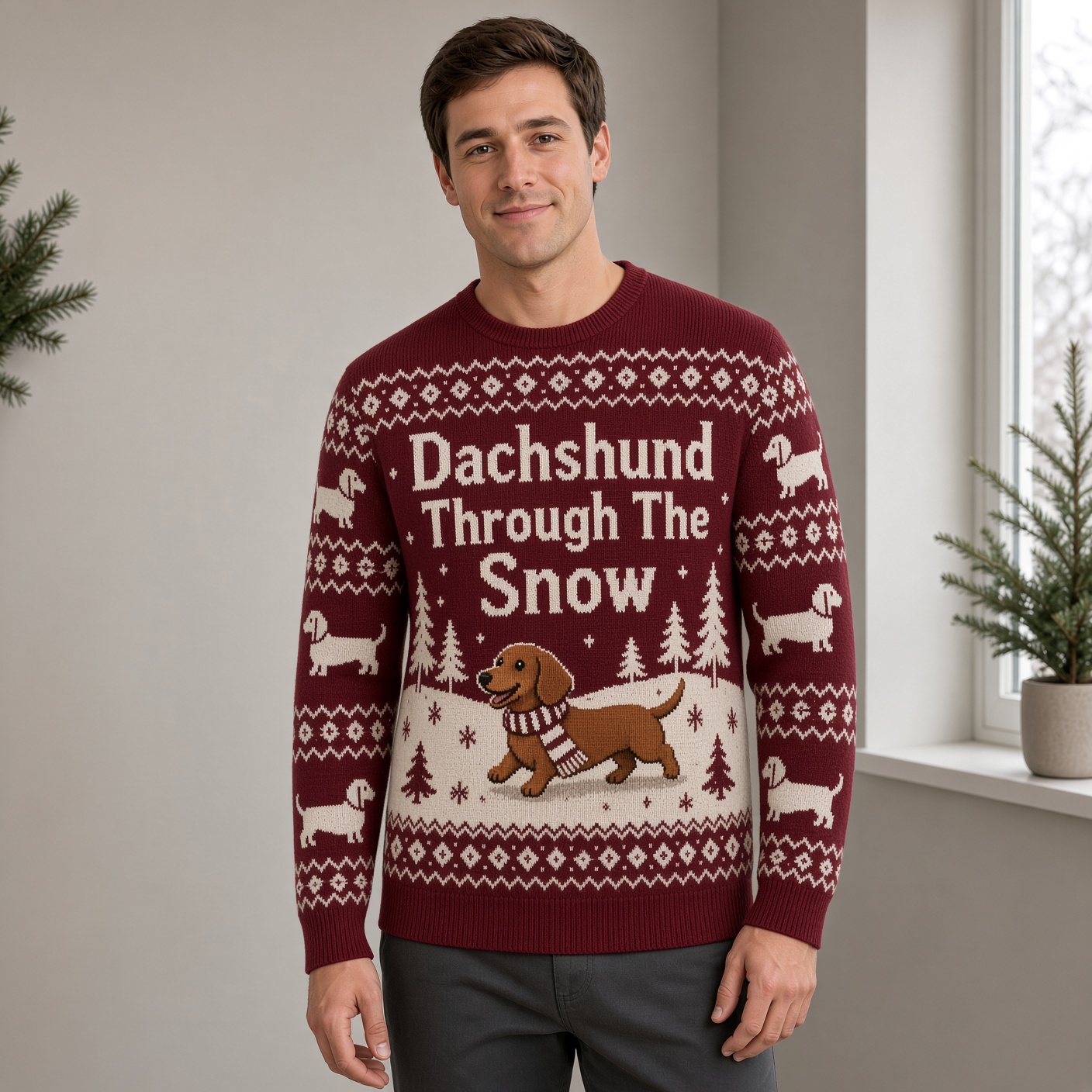 [popular-sweater:PX-05-04:male] Dachshund Through The Snow Ugly Christmas Sweatshirt - Male view