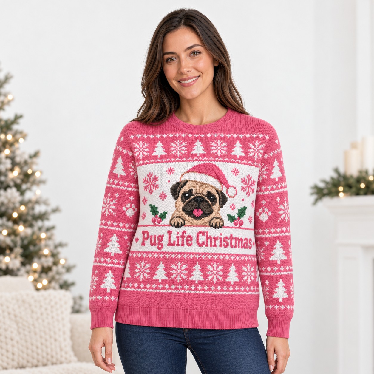 [popular-sweater:PX-05-06:female] Pug Life Christmas Ugly Christmas Sweatshirt - Female view