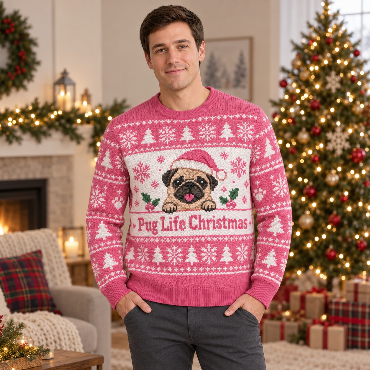 [popular-sweater:PX-05-06:male] Pug Life Christmas Ugly Christmas Sweatshirt - Male view