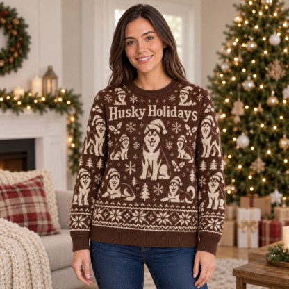 [popular-sweater:PX-05-07:female] Husky Holidays Ugly Christmas Sweatshirt - Female view