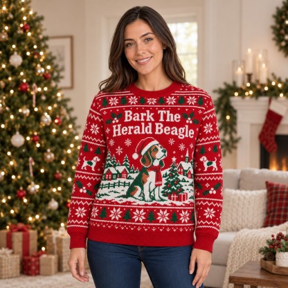 [popular-sweater:PX-05-09:female] Bark The Herald Beagle Ugly Christmas Sweatshirt - Female view
