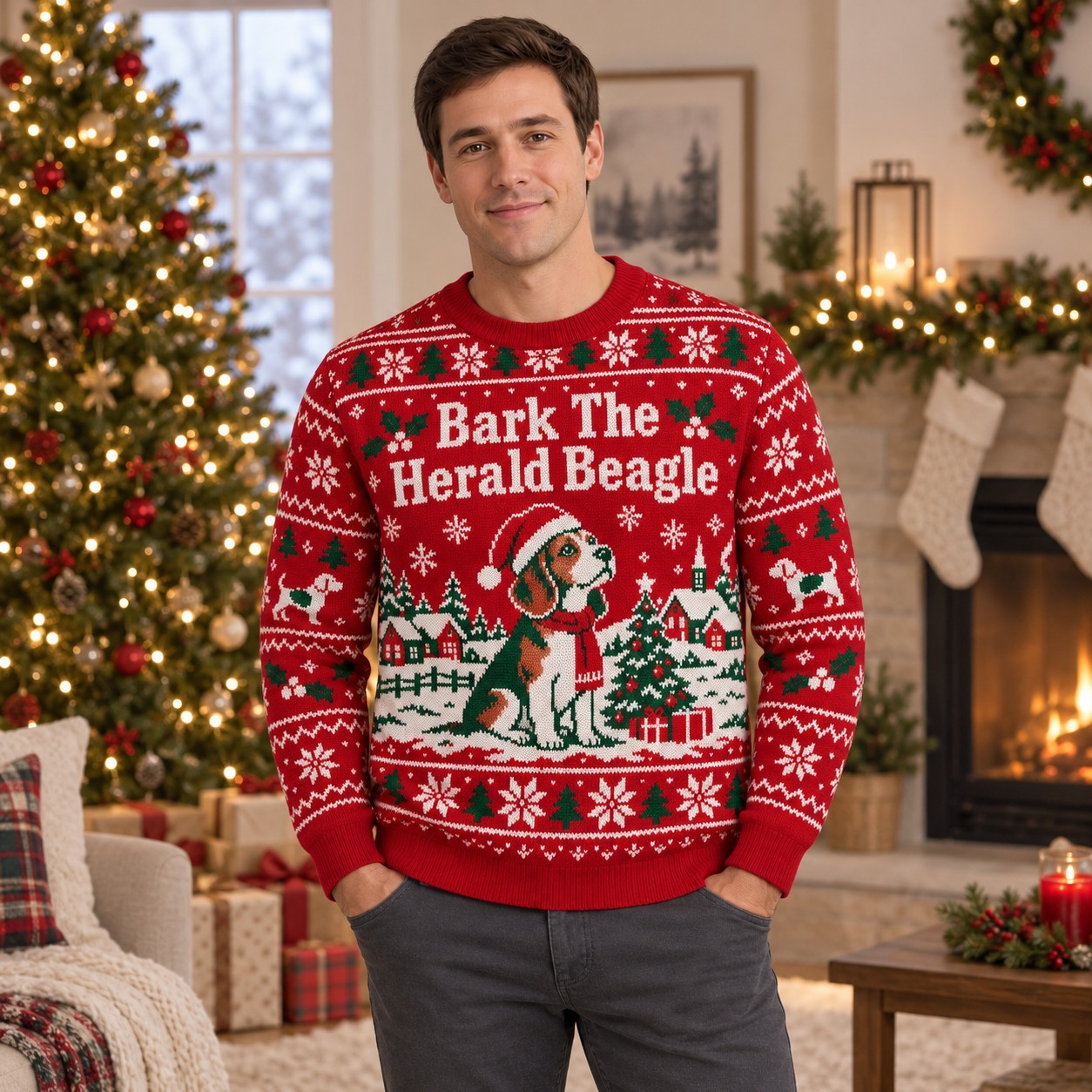 [popular-sweater:PX-05-09:male] Bark The Herald Beagle Ugly Christmas Sweatshirt - Male view