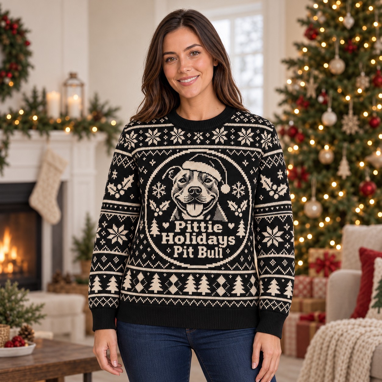 [popular-sweater:PX-05-10:female] Pittie Holidays Pit Bull Ugly Christmas Sweatshirt - Female view