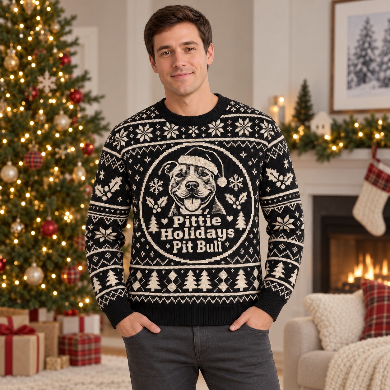 [popular-sweater:PX-05-10:male] Pittie Holidays Pit Bull Ugly Christmas Sweatshirt - Male view