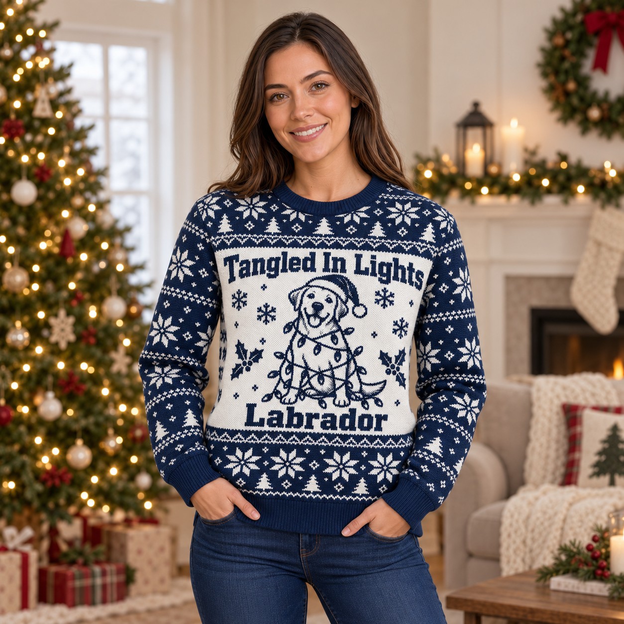 [popular-sweater:PX-05-11:female] Tangled In Lights Labrador Ugly Christmas Sweatshirt - Female view