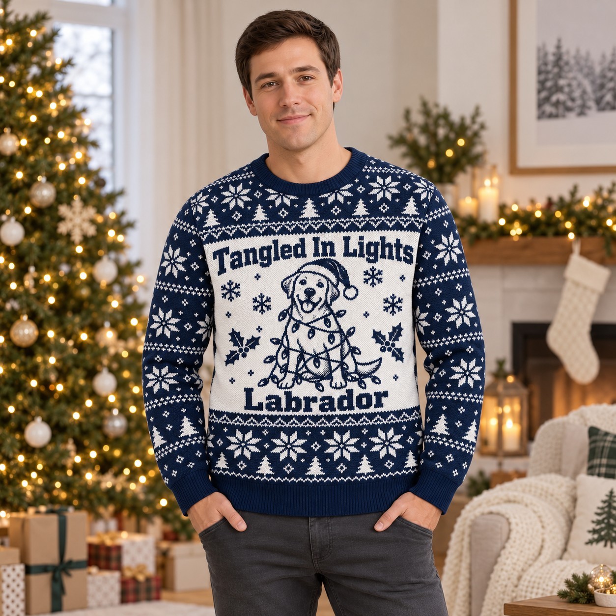 [popular-sweater:PX-05-11:male] Tangled In Lights Labrador Ugly Christmas Sweatshirt - Male view