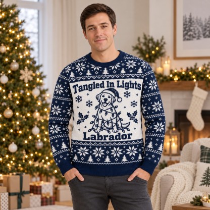 [popular-sweater:PX-05-11:male] Tangled In Lights Labrador Ugly Christmas Sweatshirt - Male view