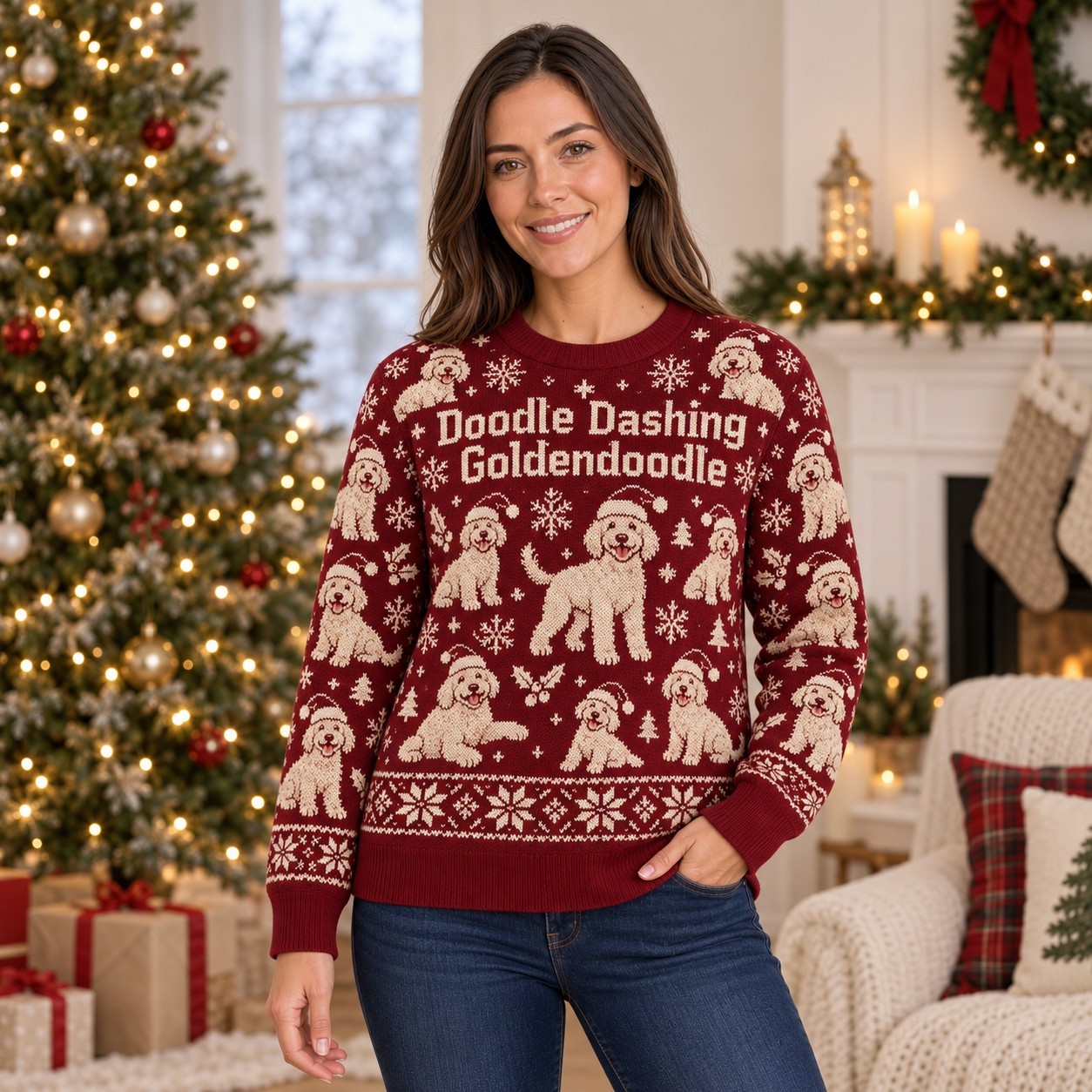 [popular-sweater:PX-05-12:female] Doodle Dashing Goldendoodle Ugly Christmas Sweatshirt - Female view