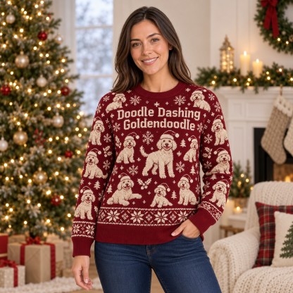 [popular-sweater:PX-05-12:female] Doodle Dashing Goldendoodle Ugly Christmas Sweatshirt - Female view