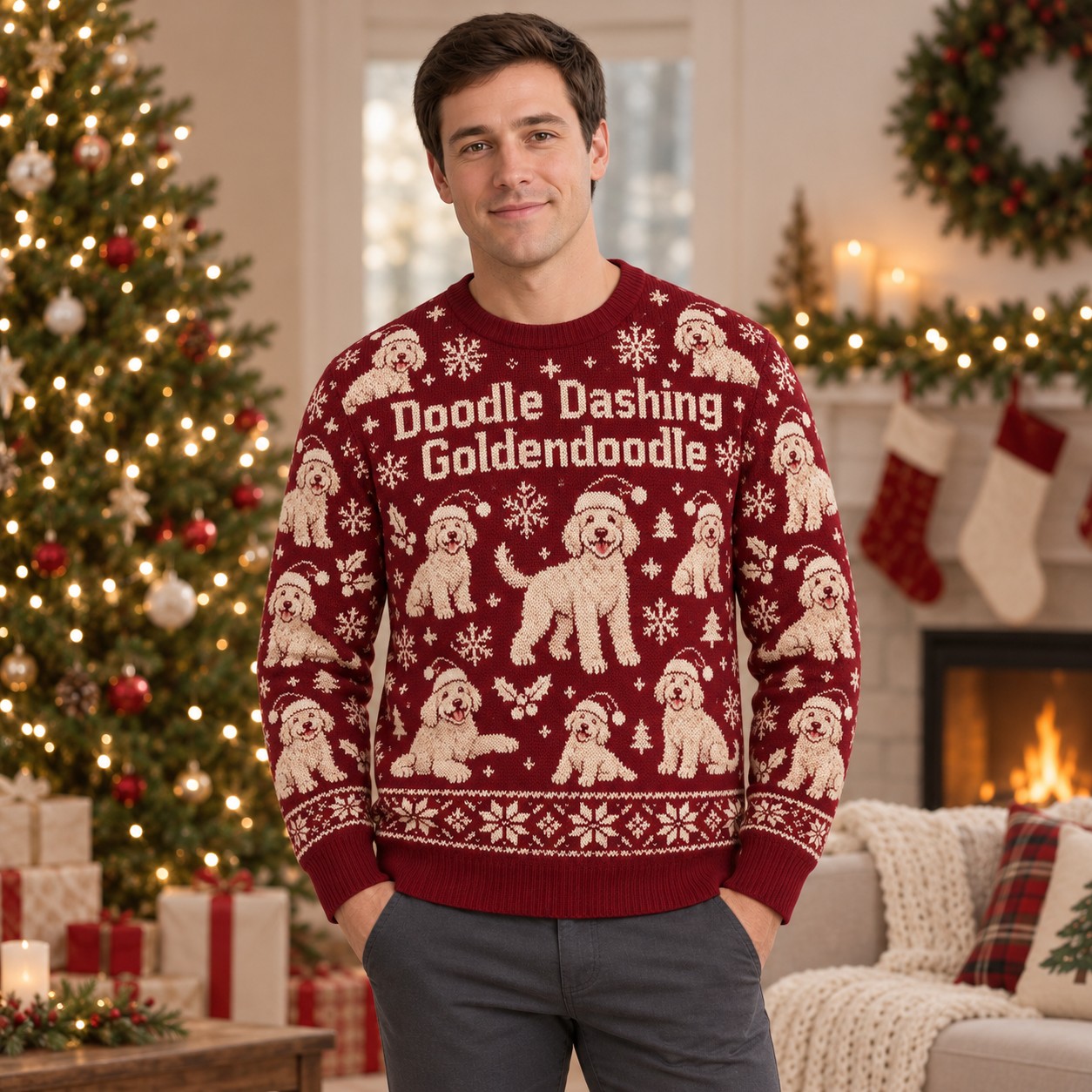 [popular-sweater:PX-05-12:male] Doodle Dashing Goldendoodle Ugly Christmas Sweatshirt - Male view
