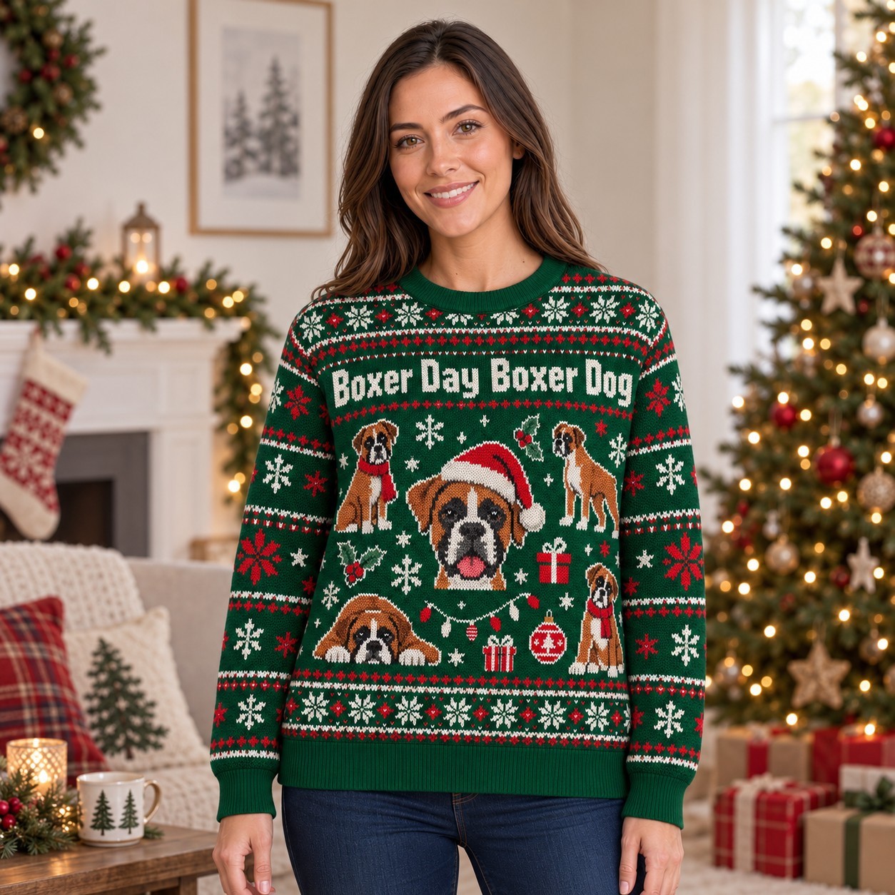 [popular-sweater:PX-05-13:female] Boxer Day Boxer Dog Ugly Christmas Sweatshirt - Female view
