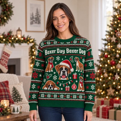 [popular-sweater:PX-05-13:female] Boxer Day Boxer Dog Ugly Christmas Sweatshirt - Female view