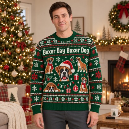 [popular-sweater:PX-05-13:male] Boxer Day Boxer Dog Ugly Christmas Sweatshirt - Male view