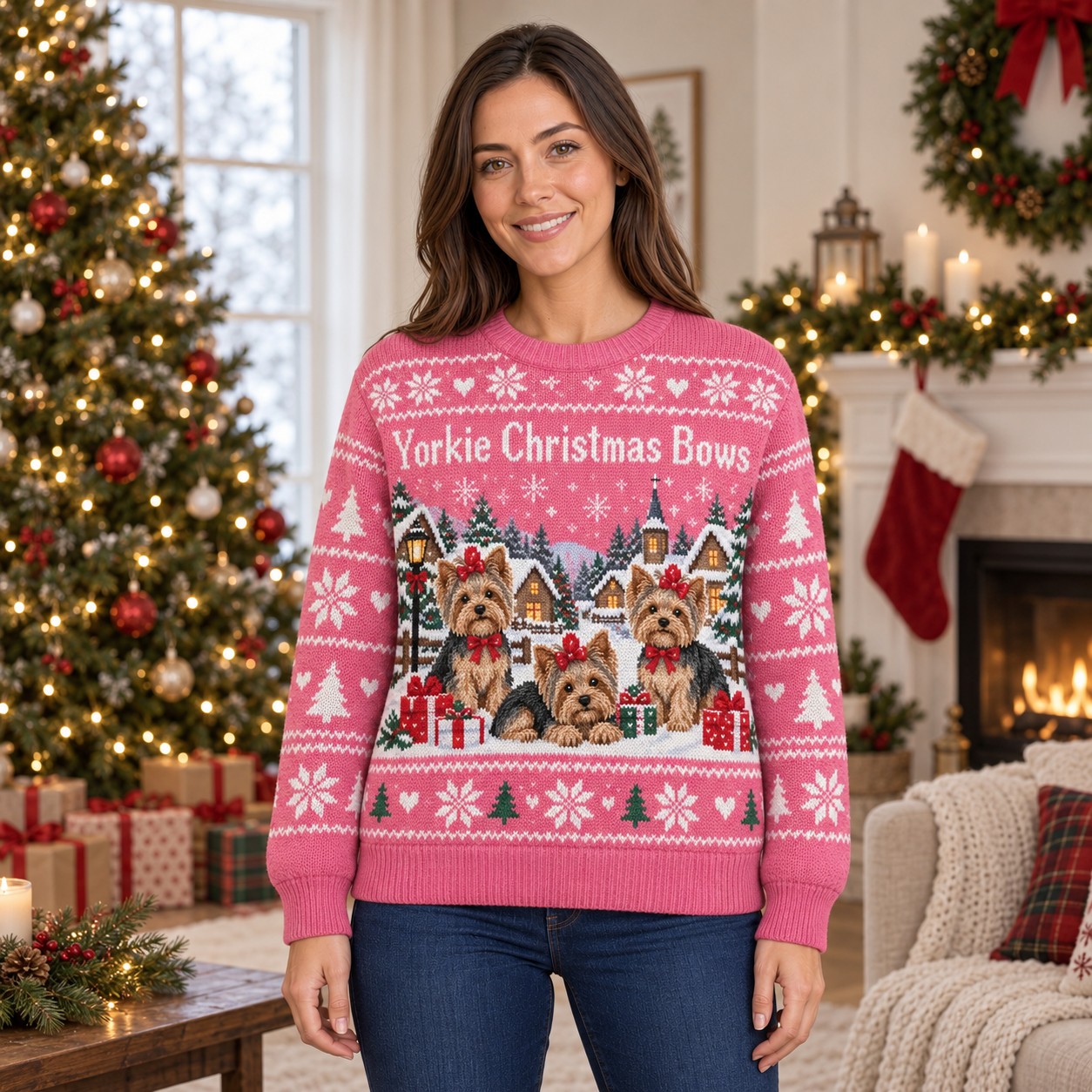 [popular-sweater:PX-05-14:female] Yorkie Christmas Bows Ugly Christmas Sweatshirt - Female view