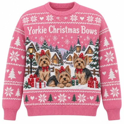 [popular-sweater:PX-05-14:front] Yorkie Christmas Bows Ugly Christmas Sweatshirt - Front view