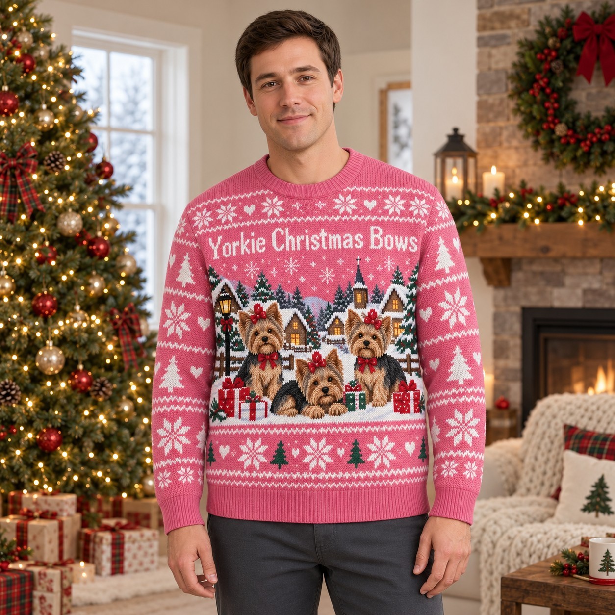 [popular-sweater:PX-05-14:male] Yorkie Christmas Bows Ugly Christmas Sweatshirt - Male view