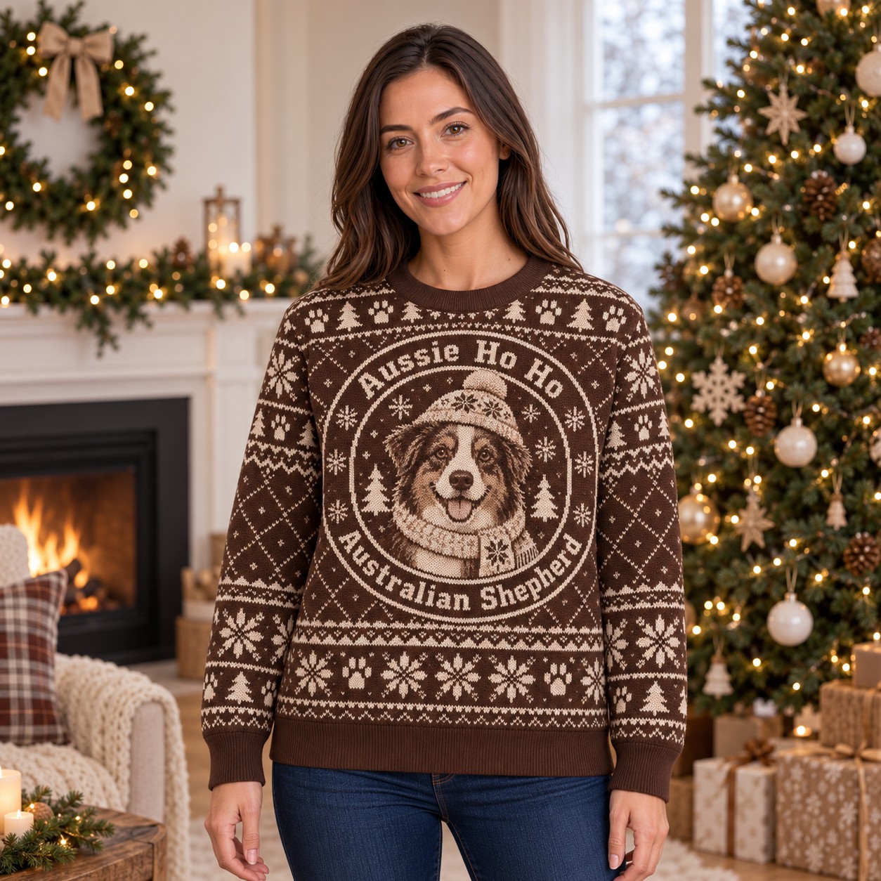 [popular-sweater:PX-05-15:female] Aussie Ho Ho Australian Shepherd Ugly Christmas Sweatshirt - Female view