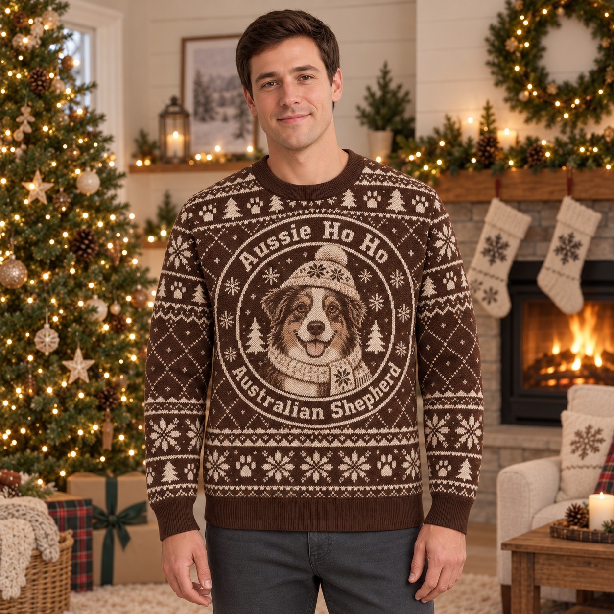 [popular-sweater:PX-05-15:male] Aussie Ho Ho Australian Shepherd Ugly Christmas Sweatshirt - Male view