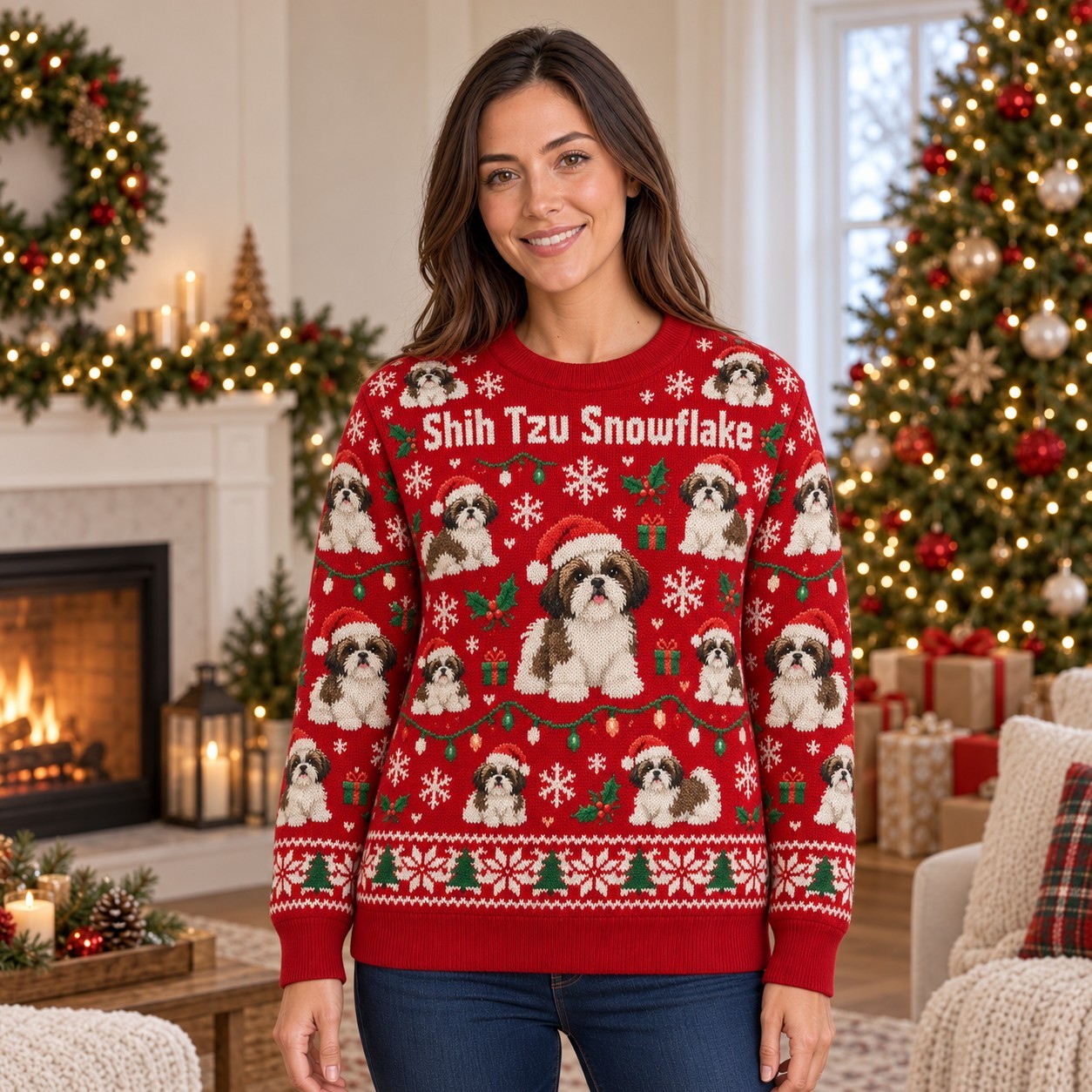 [popular-sweater:PX-05-17:female] Shih Tzu Snowflake Ugly Christmas Sweatshirt - Female view