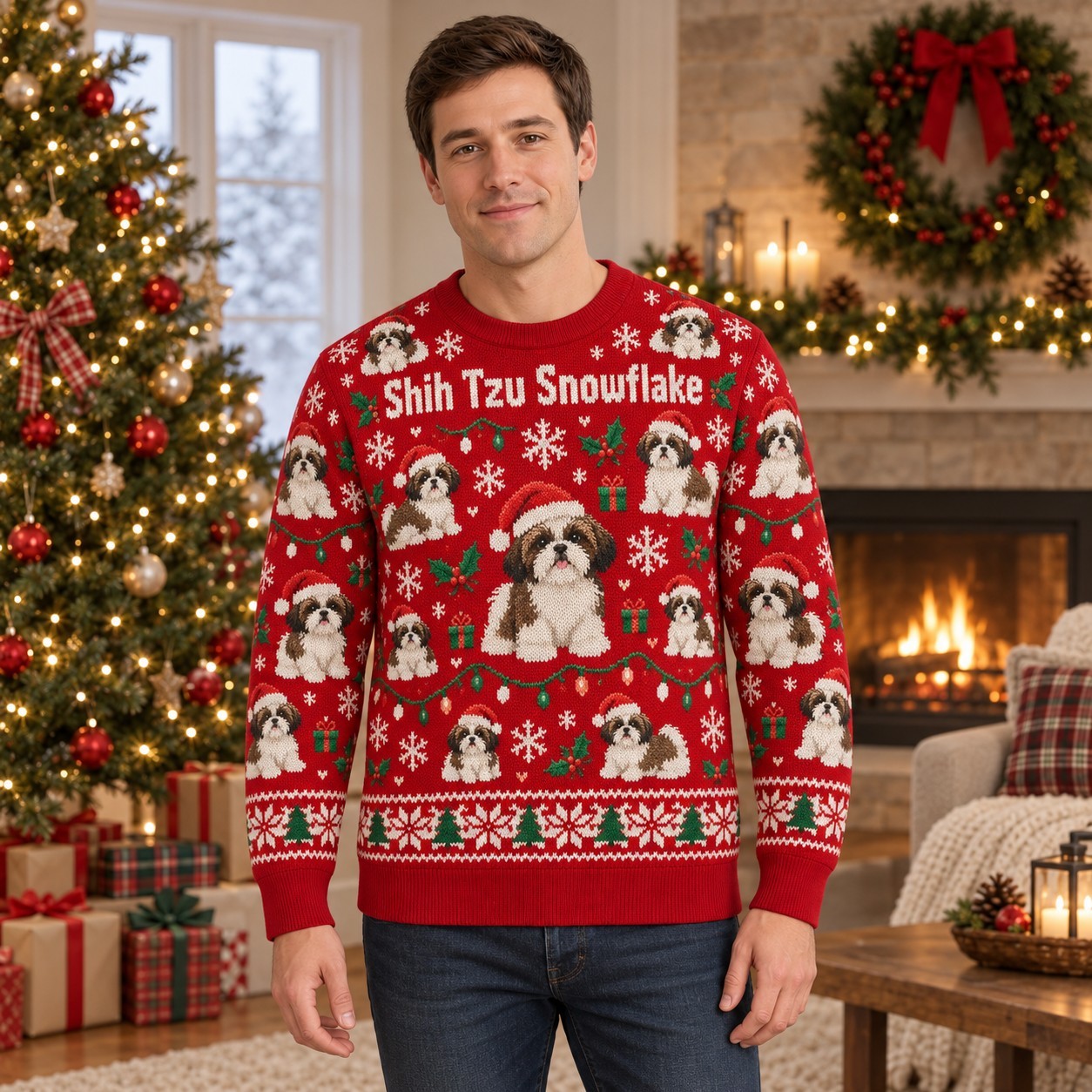 [popular-sweater:PX-05-17:male] Shih Tzu Snowflake Ugly Christmas Sweatshirt - Male view