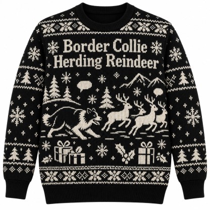 [popular-sweater:PX-05-18:front] Border Collie Herding Reindeer Ugly Christmas Sweatshirt - Front view