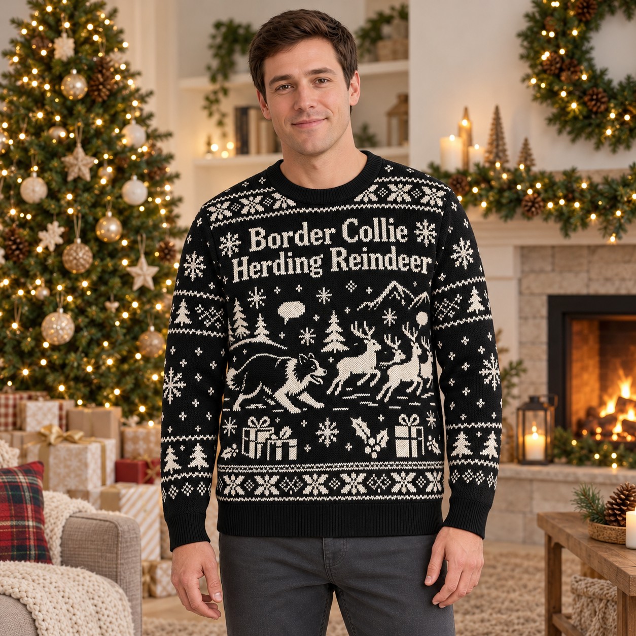 [popular-sweater:PX-05-18:male] Border Collie Herding Reindeer Ugly Christmas Sweatshirt - Male view