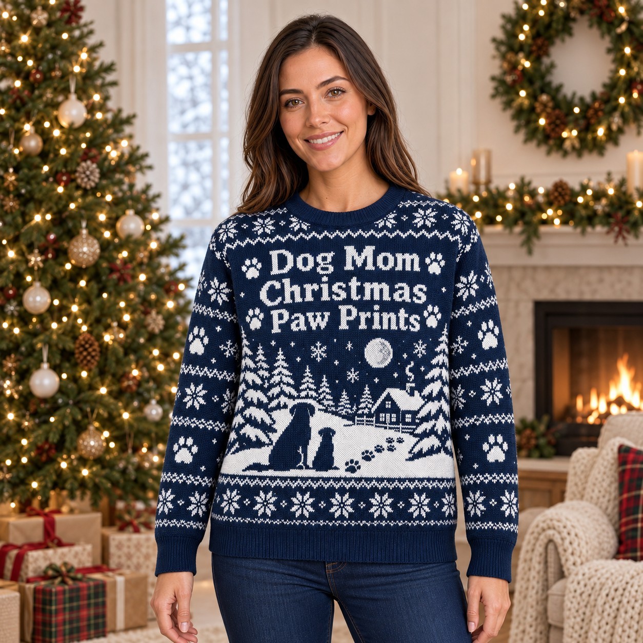 [popular-sweater:PX-05-19:female] Dog Mom Christmas Paw Prints Ugly Christmas Sweatshirt - Female view