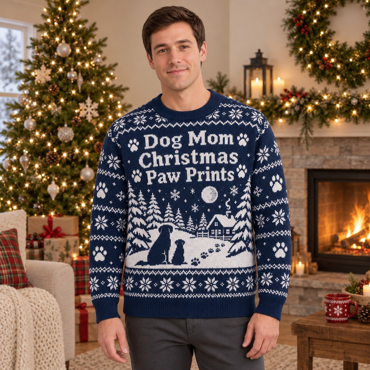 [popular-sweater:PX-05-19:male] Dog Mom Christmas Paw Prints Ugly Christmas Sweatshirt - Male view
