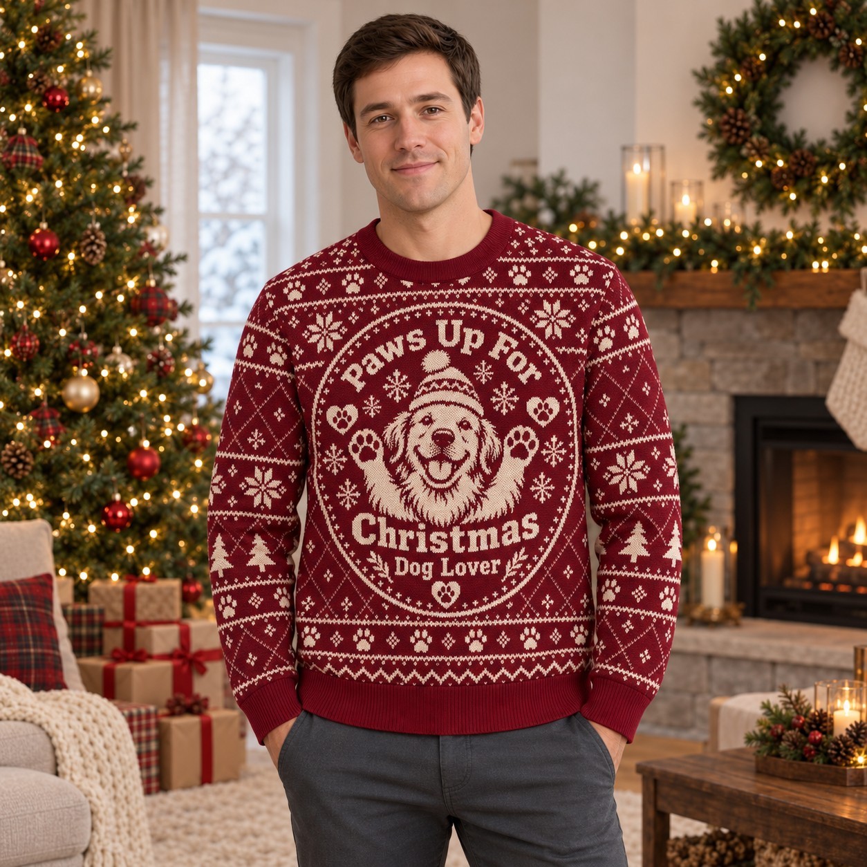[popular-sweater:PX-05-20:male] Paws Up For Christmas Dog Lover Ugly Christmas Sweatshirt - Male view