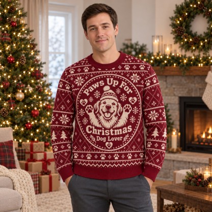 [popular-sweater:PX-05-20:male] Paws Up For Christmas Dog Lover Ugly Christmas Sweatshirt - Male view