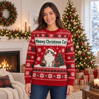 [popular-sweater:PX-06-01:female] Meowy Christmas Cat Ugly Christmas Sweatshirt - Female view