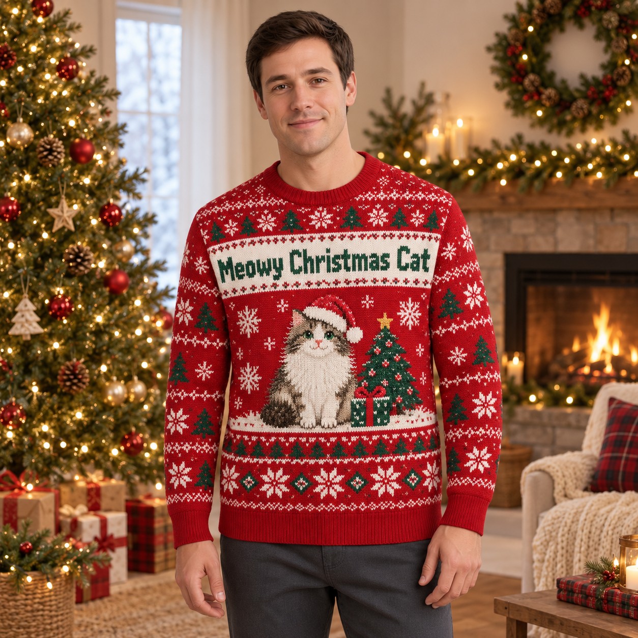 [popular-sweater:PX-06-01:male] Meowy Christmas Cat Ugly Christmas Sweatshirt - Male view