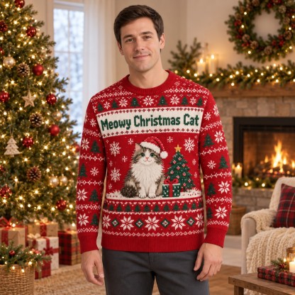 [popular-sweater:PX-06-01:male] Meowy Christmas Cat Ugly Christmas Sweatshirt - Male view