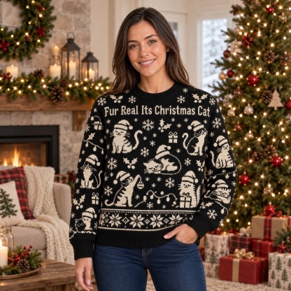[popular-sweater:PX-06-02:female] Fur Real Its Christmas Cat Ugly Christmas Sweatshirt - Female view