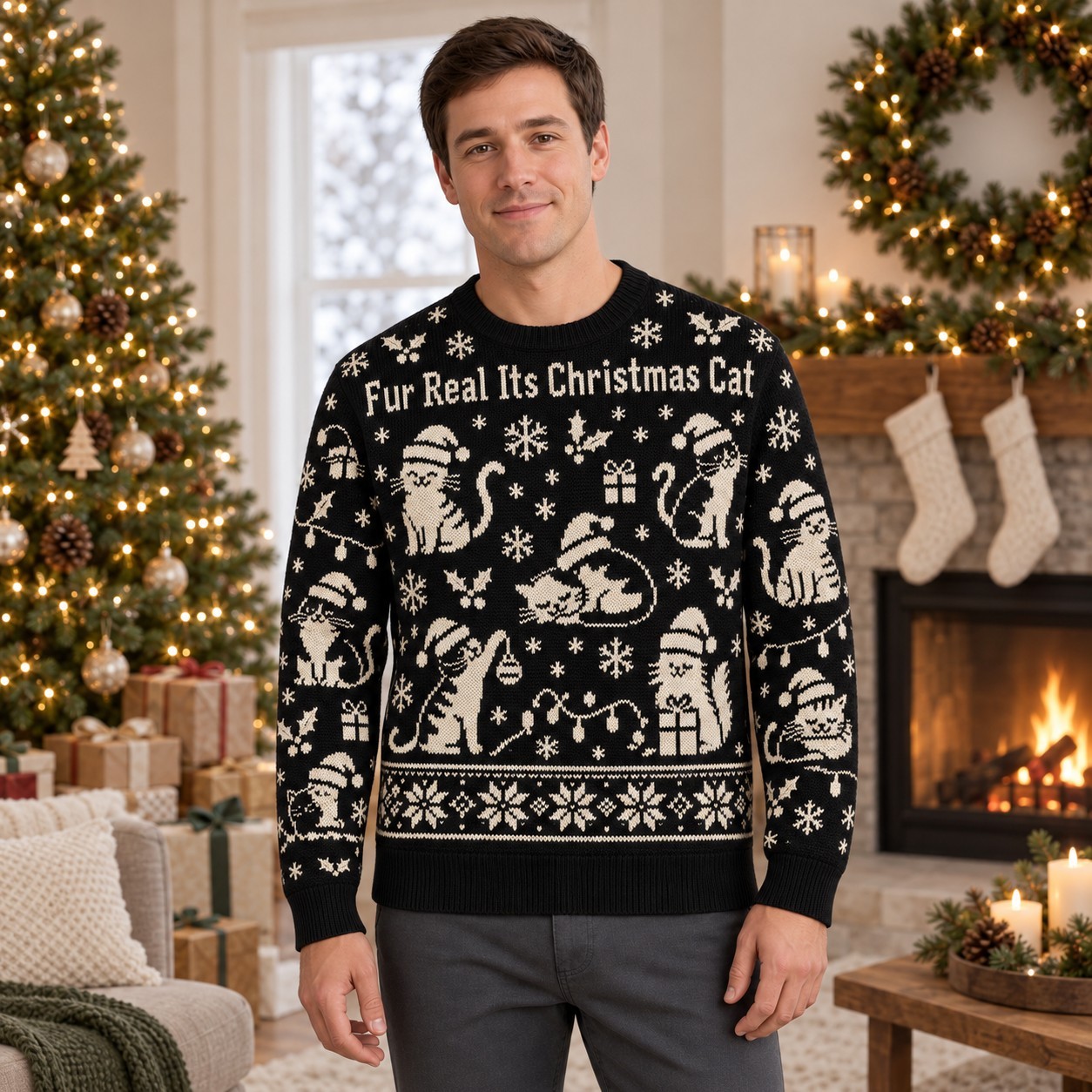 [popular-sweater:PX-06-02:male] Fur Real Its Christmas Cat Ugly Christmas Sweatshirt - Male view