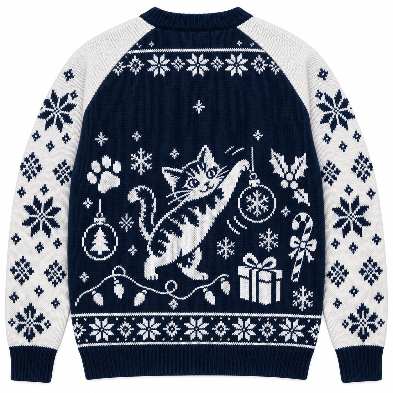 [popular-sweater:PX-06-03:back] Naughty Cat Ornament Thief Ugly Christmas Sweatshirt - Back view