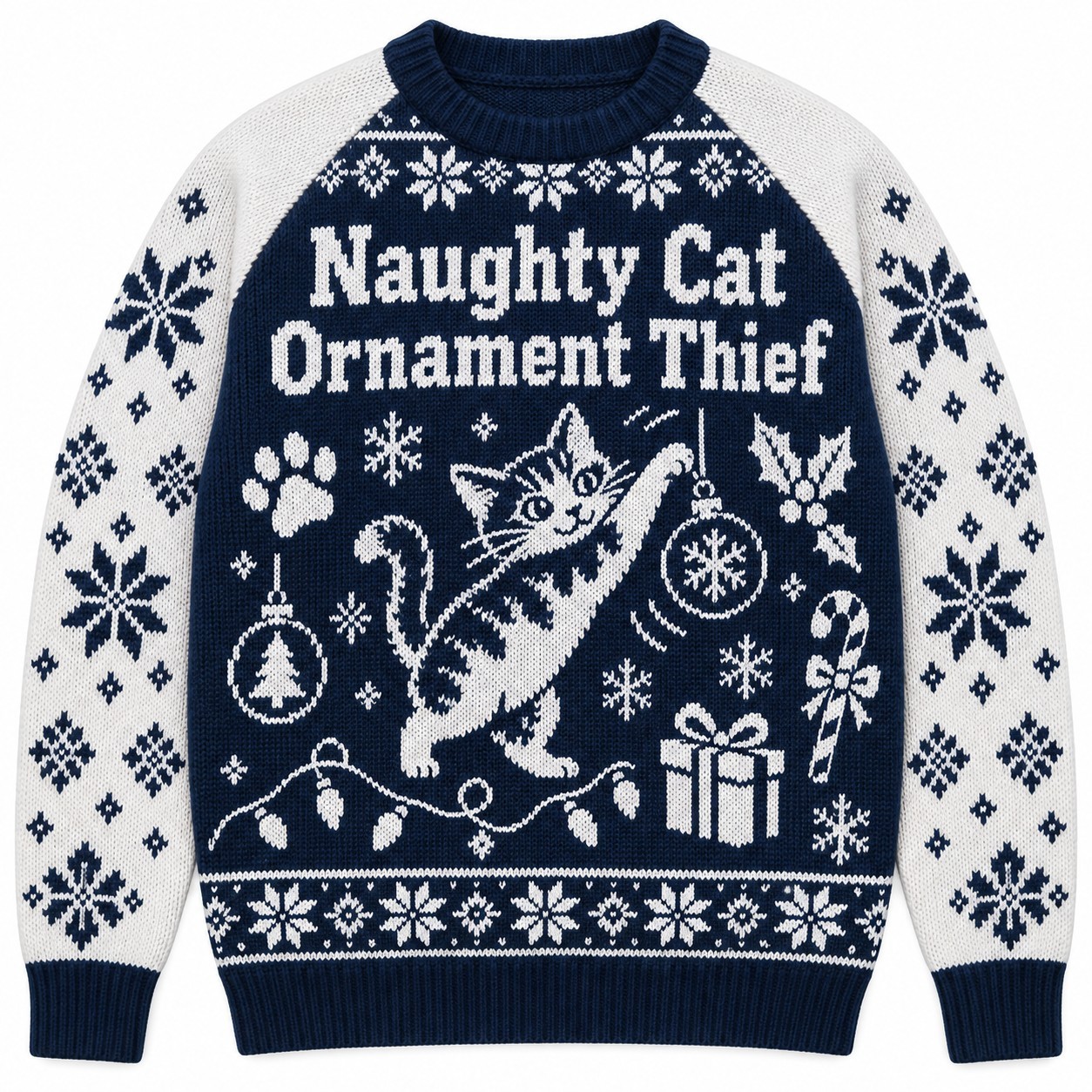 [popular-sweater:PX-06-03:front] Naughty Cat Ornament Thief Ugly Christmas Sweatshirt - Front view