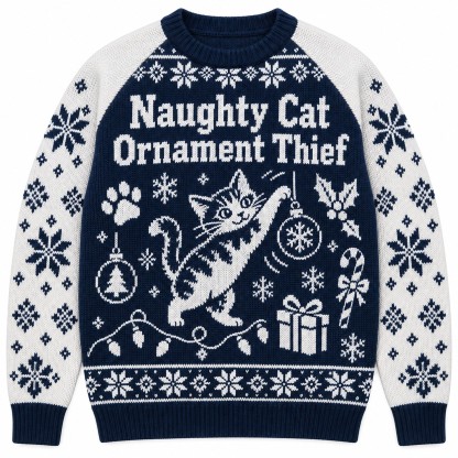 [popular-sweater:PX-06-03:front] Naughty Cat Ornament Thief Ugly Christmas Sweatshirt - Front view