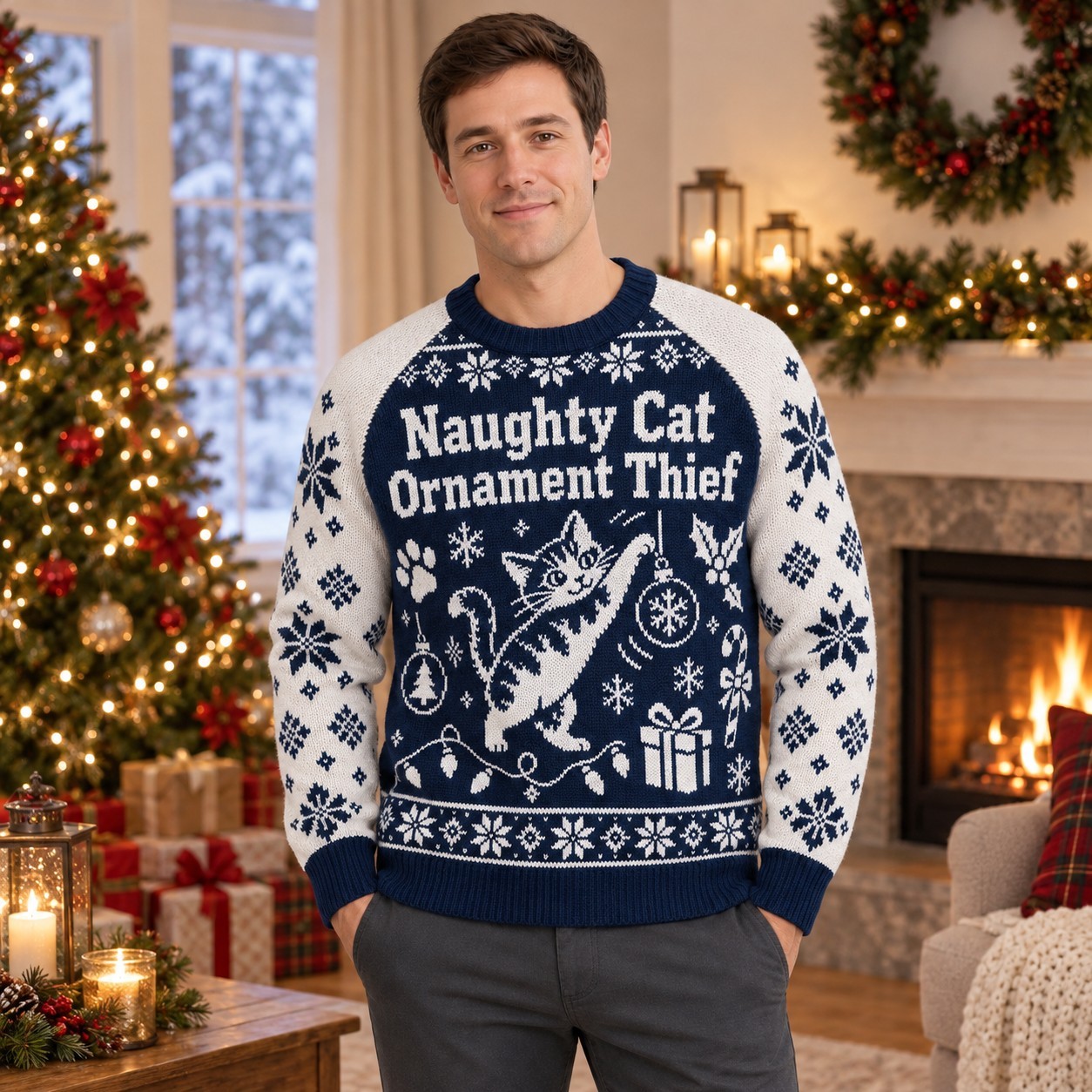 [popular-sweater:PX-06-03:male] Naughty Cat Ornament Thief Ugly Christmas Sweatshirt - Male view