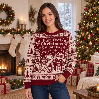 [popular-sweater:PX-06-04:female] Purrfect Christmas Cat Gift Box Ugly Christmas Sweatshirt - Female view