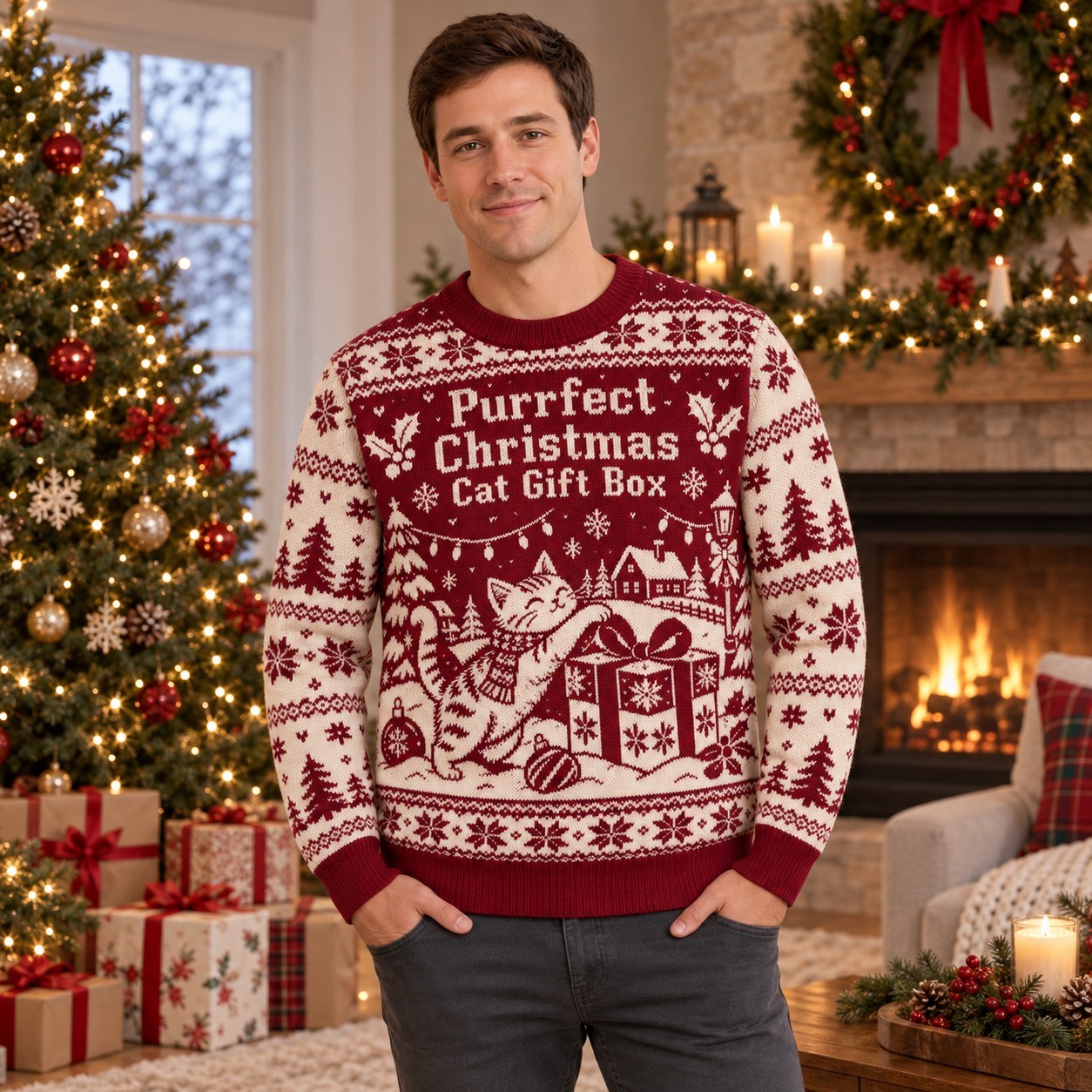 [popular-sweater:PX-06-04:male] Purrfect Christmas Cat Gift Box Ugly Christmas Sweatshirt - Male view