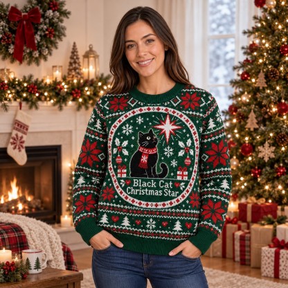 [popular-sweater:PX-06-05:female] Black Cat Christmas Star Ugly Christmas Sweatshirt - Female view