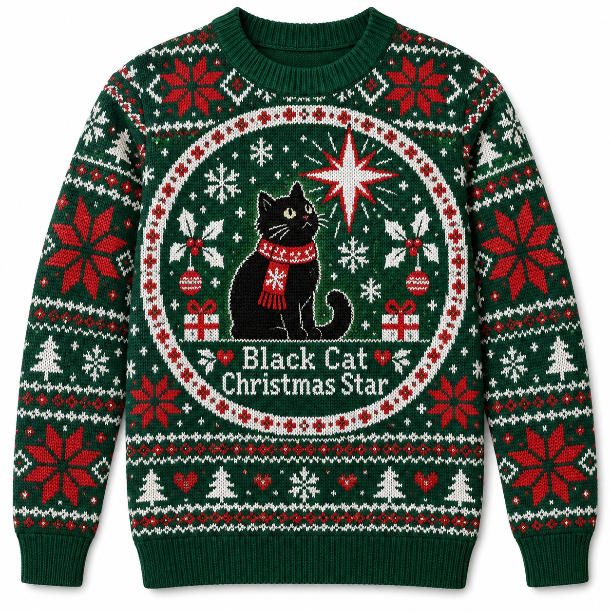 [popular-sweater:PX-06-05:front] Black Cat Christmas Star Ugly Christmas Sweatshirt - Front view