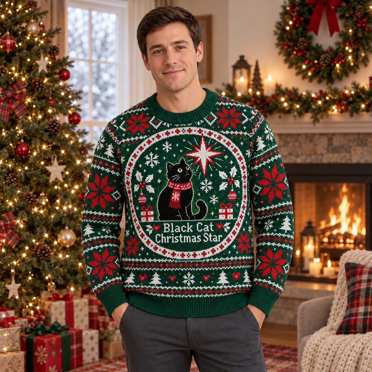 [popular-sweater:PX-06-05:male] Black Cat Christmas Star Ugly Christmas Sweatshirt - Male view