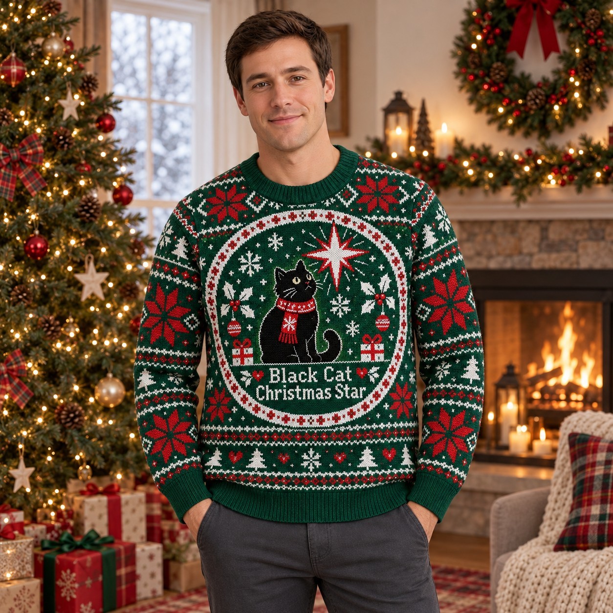 [popular-sweater:PX-06-05:male] Black Cat Christmas Star Ugly Christmas Sweatshirt - Male view