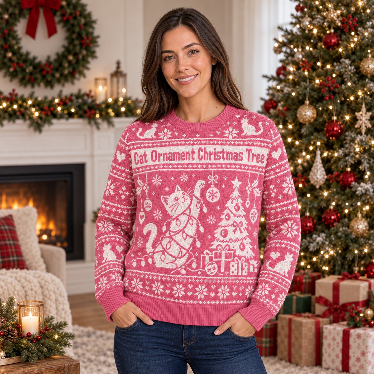 [popular-sweater:PX-06-06:female] Cat Ornament Christmas Tree Ugly Christmas Sweatshirt - Female view